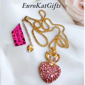 NEW Betsey Johnson Gold Crystal Crown Pink CZ Heart Necklace 18”-22”chain NWT